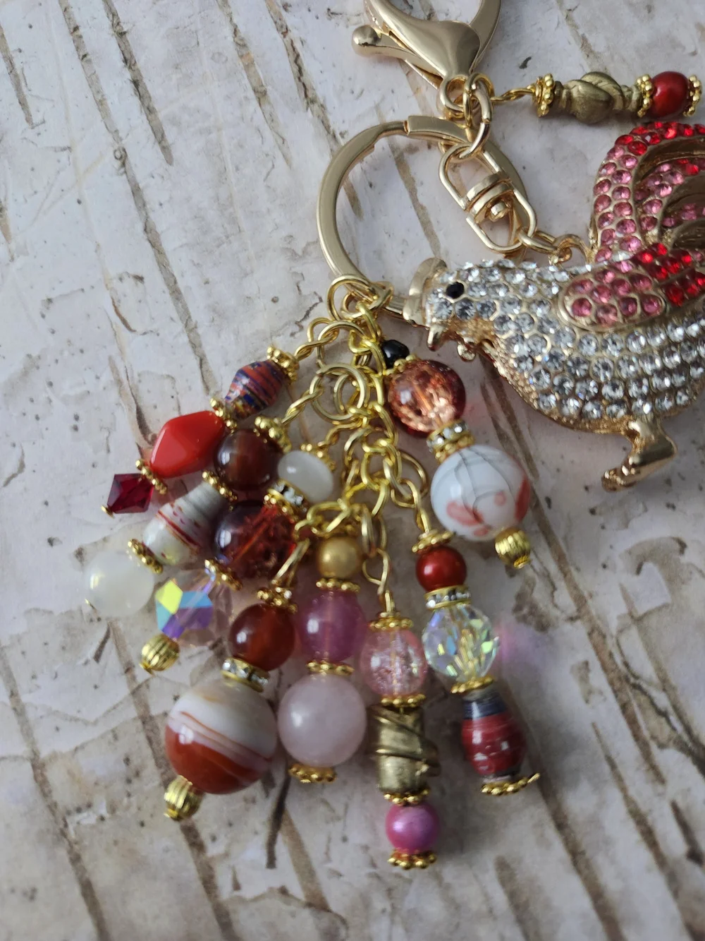 Rooster Purse Charm or Keychain Quartz Carnelian Stone Handcrafted